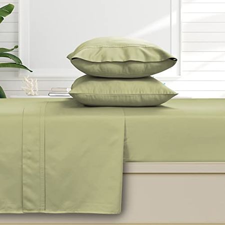 Tribeca Living California King, Soft Egyptian Cotton Sateen Solid Sheets and Pillowcase Set, Deep Pocket, 500 Thread Count, 6-Piece Luxury Bedding, Green