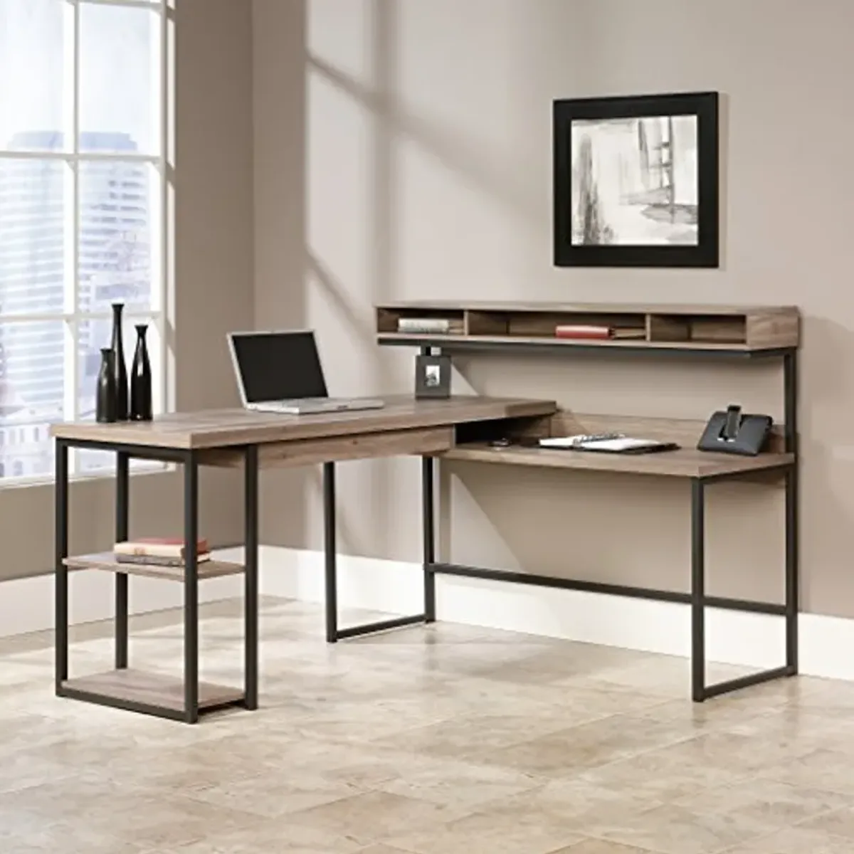 Sauder Transit L-Desk, Salt Oak finish