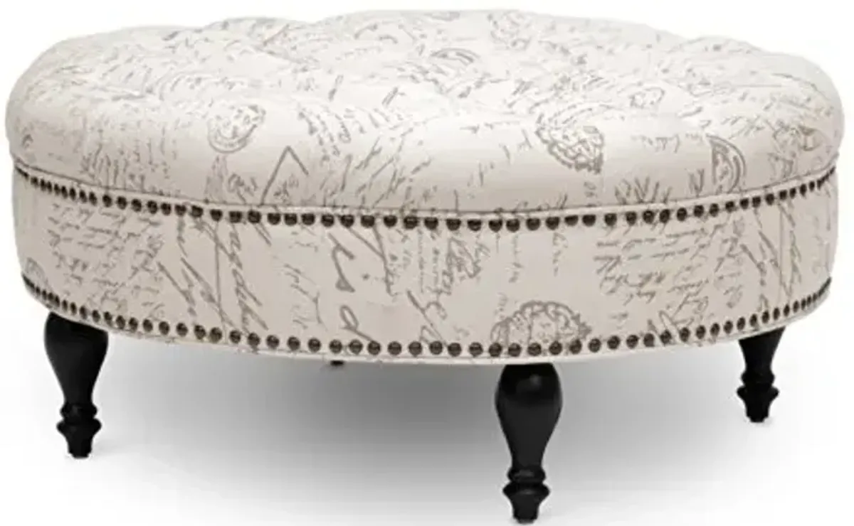 Baxton Studio Palfrey Script Print Modern Tufted Ottoman, Beige
