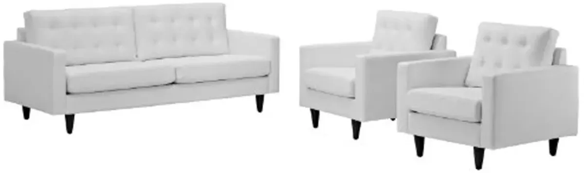 Modway Empress Mid-Century Modern Upholstered Leather Sofa and Two Armchair Set White