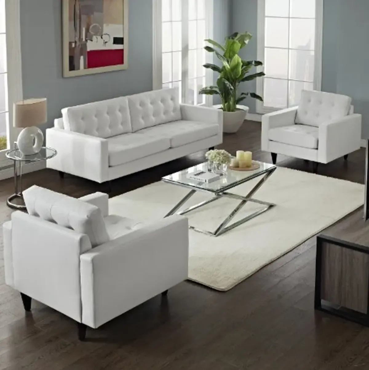 Modway Empress Mid-Century Modern Upholstered Leather Sofa and Two Armchair Set White