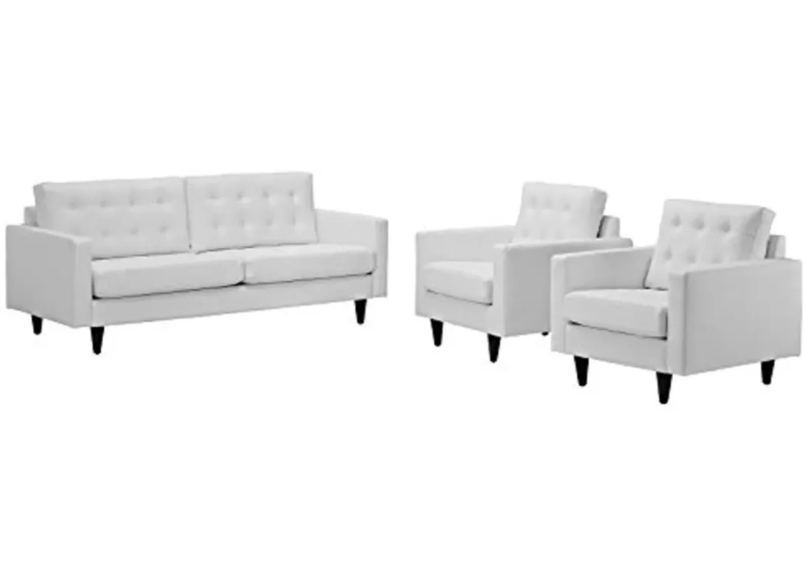 Modway Empress Mid-Century Modern Upholstered Leather Sofa and Two Armchair Set White