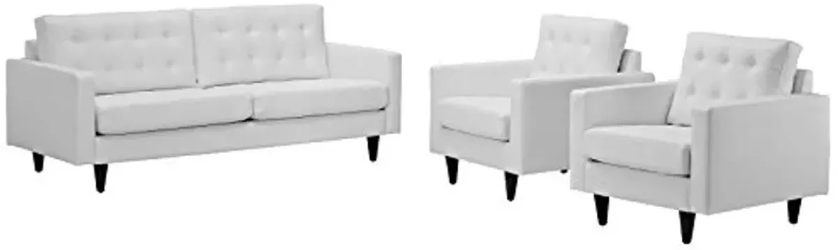 Modway Empress Mid-Century Modern Upholstered Leather Sofa and Two Armchair Set White