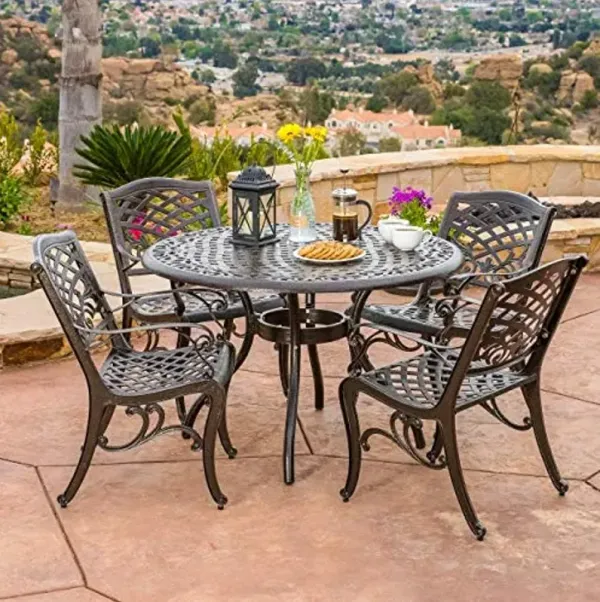 Christopher Knight Home Hallandale Outdoor Cast Aluminum Dining Set for Patio or Deck, 5-Pcs Set, Hammered Bronze