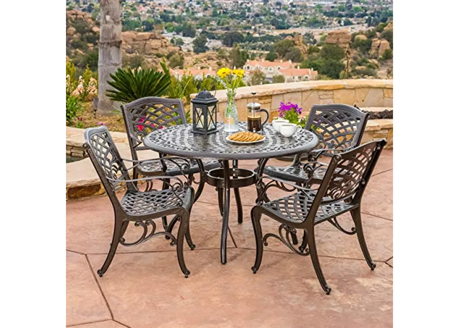 Christopher Knight Home Hallandale Outdoor Cast Aluminum Dining Set for Patio or Deck, 5-Pcs Set, Hammered Bronze