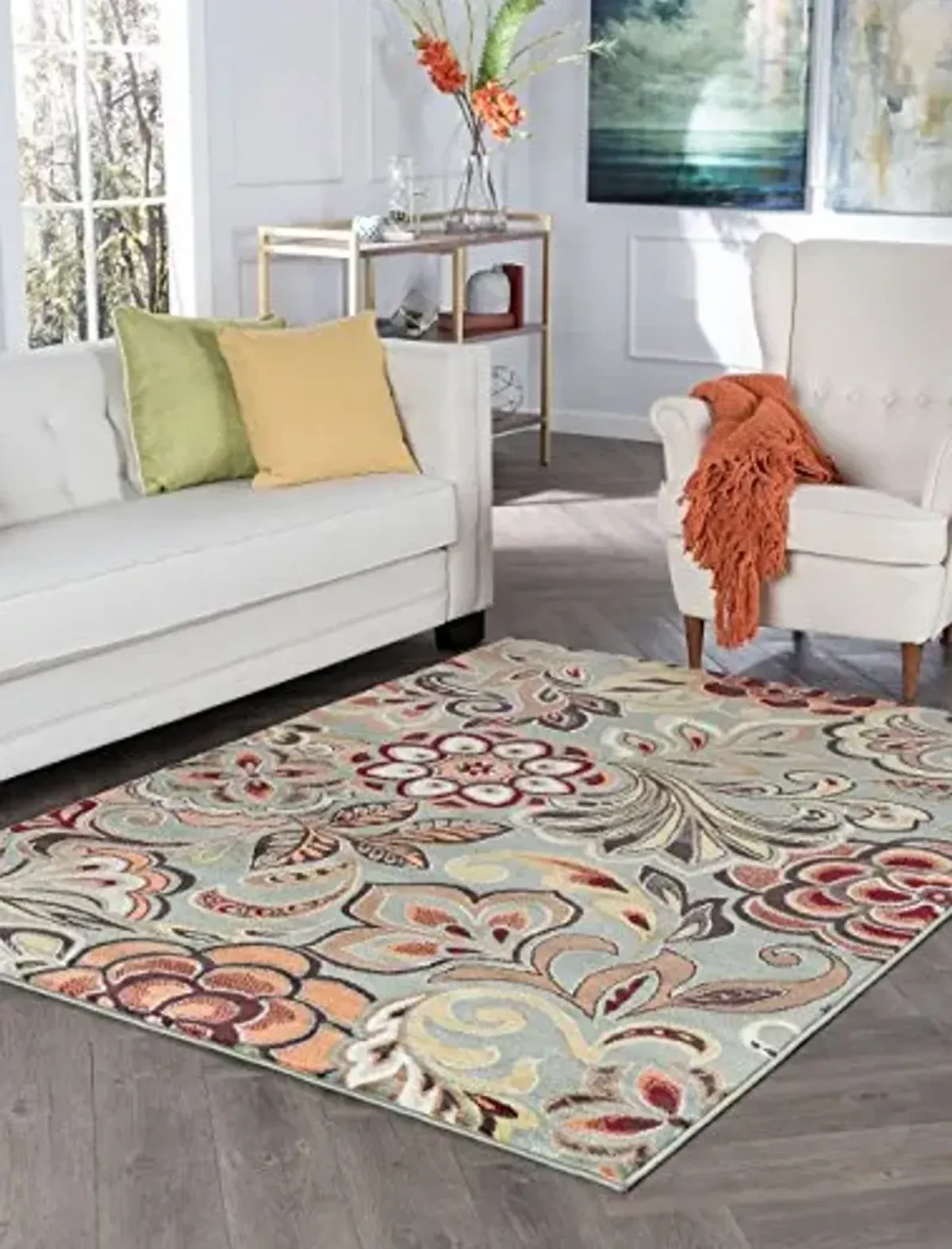 Dilek Transitional Floral Seafoam Rectangle Area Rug, 8' x 10'