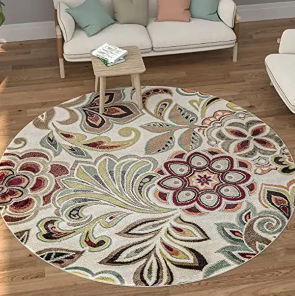 Dilek Transitional Floral Ivory Round Area Rug, 5' Round