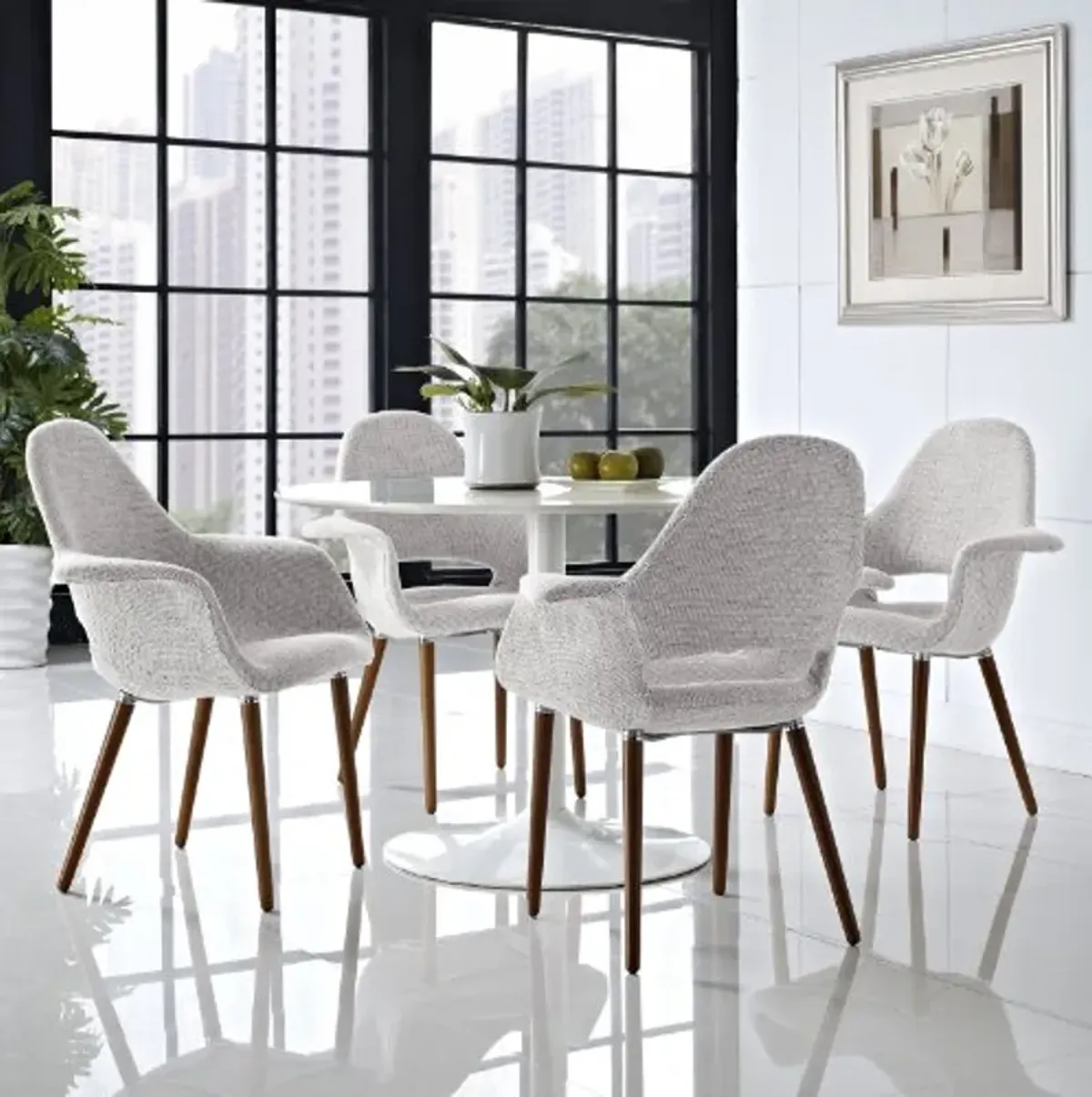 Modway Aegis Mid-Century Modern Upholstered Fabric Four Dining Chairs with Wood Legs in Light Gray