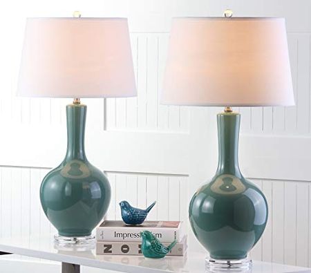 SAFAVIEH Lighting Collection Blanche Modern Teal Gourd Ceramic 32-inch Bedroom Living Room Home Office Desk Nightstand Table Lamp Set of 2 (LED Bulbs Included)