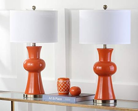 SAFAVIEH Lighting Collection Lola Modern Column Orange Ceramic 30-inch Bedroom Living Room Home Office Desk Nightstand Table Lamp Set of 2 (LED Bulbs Included)