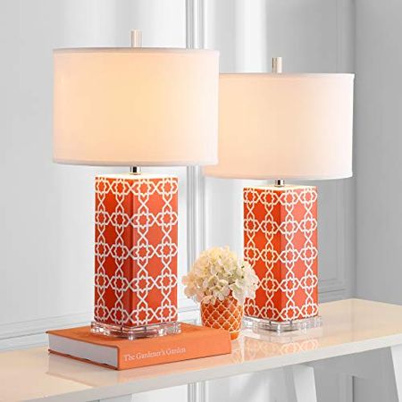 SAFAVIEH Lighting Collection Quatrefoil Modern Contemporary Orange 27-inch Bedroom Living Room Home Office Desk Nightstand Table Lamp Set of 2 (LED Bulbs Included)