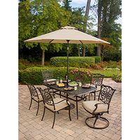 Hanover Furniture 7 Piece Deep Traditions Rust-Free Outdoor Patio Set with Tan Cushions, 4 Chairs, 2 Swivel Rockers and Aluminum Rectangular Dining Table with Umbrella, TRADITIONS7PCSW-SU