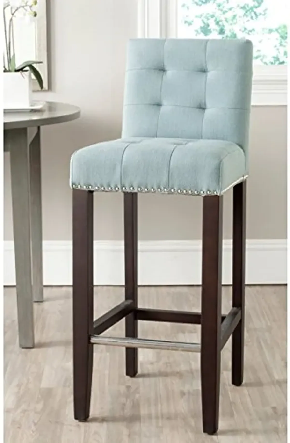 SAFAVIEH Home Collection Thompson Sky Blue/ Espresso 30-inch Nailhead Trim Tufted Kitchen Breakfast Nook Dining Pub Bar Stool