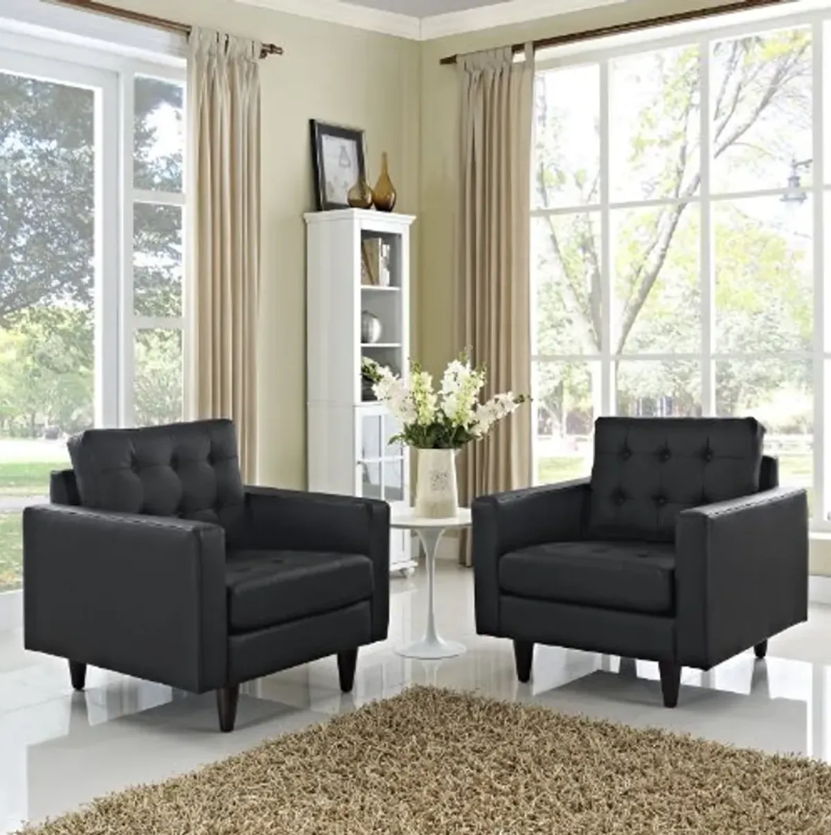 Modway Empress Mid-Century Modern Upholstered Leather Two Armchair Set Black