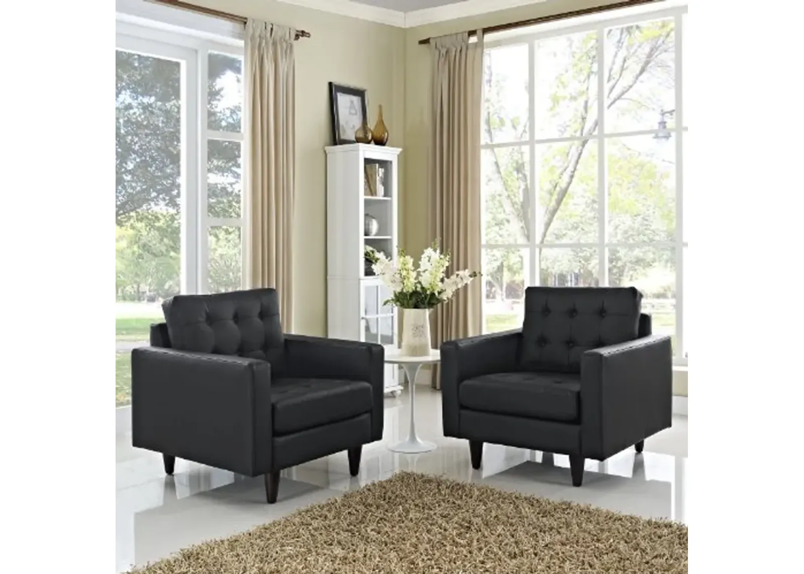 Modway Empress Mid-Century Modern Upholstered Leather Two Armchair Set Black