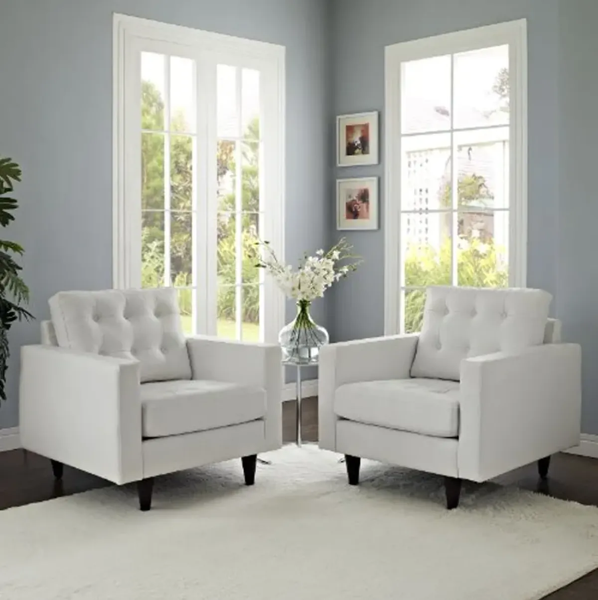 Modway Empress Mid-Century Modern Upholstered Leather Two Armchair Set White