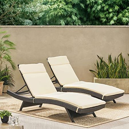 Christopher Knight Home Salem Outdoor Wicker Adjustable Chaise Lounges with Cushions, 2-Pcs Set, Multibrown / Beige