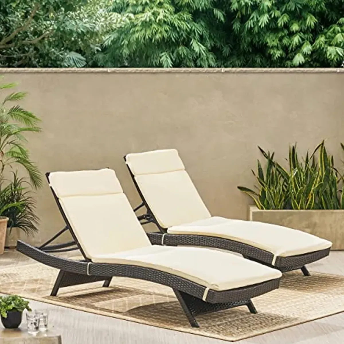 Christopher Knight Home Salem Outdoor Wicker Adjustable Chaise Lounges with Cushions, 2-Pcs Set, Multibrown / Beige