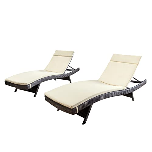 Christopher Knight Home Salem Outdoor Wicker Adjustable Chaise Lounges with Cushions, 2-Pcs Set, Multibrown / Beige