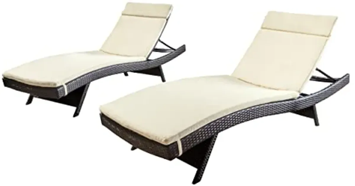 Christopher Knight Home Salem Outdoor Wicker Adjustable Chaise Lounges with Cushions, 2-Pcs Set, Multibrown / Beige