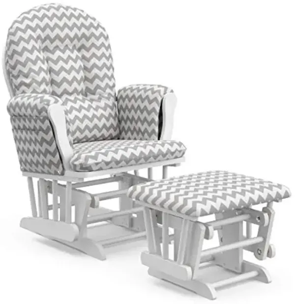 Storkcraft Premium Hoop Glider & Ottoman (White/Gray Chevron) — GREENGUARD Gold Certified Nursery Glider, Solid Wood Craftsmanship, Smooth-Gliding Nursery Chair and Ottoman, Award-Winning