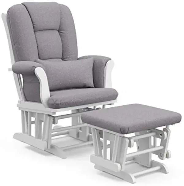 Storkcraft Tuscany Custom Glider and Ottoman with Free Lumbar Pillow (White/Slate Gray Swirl) - Cleanable Upholstered Comfort Rocking Nursery Chair with Ottoman