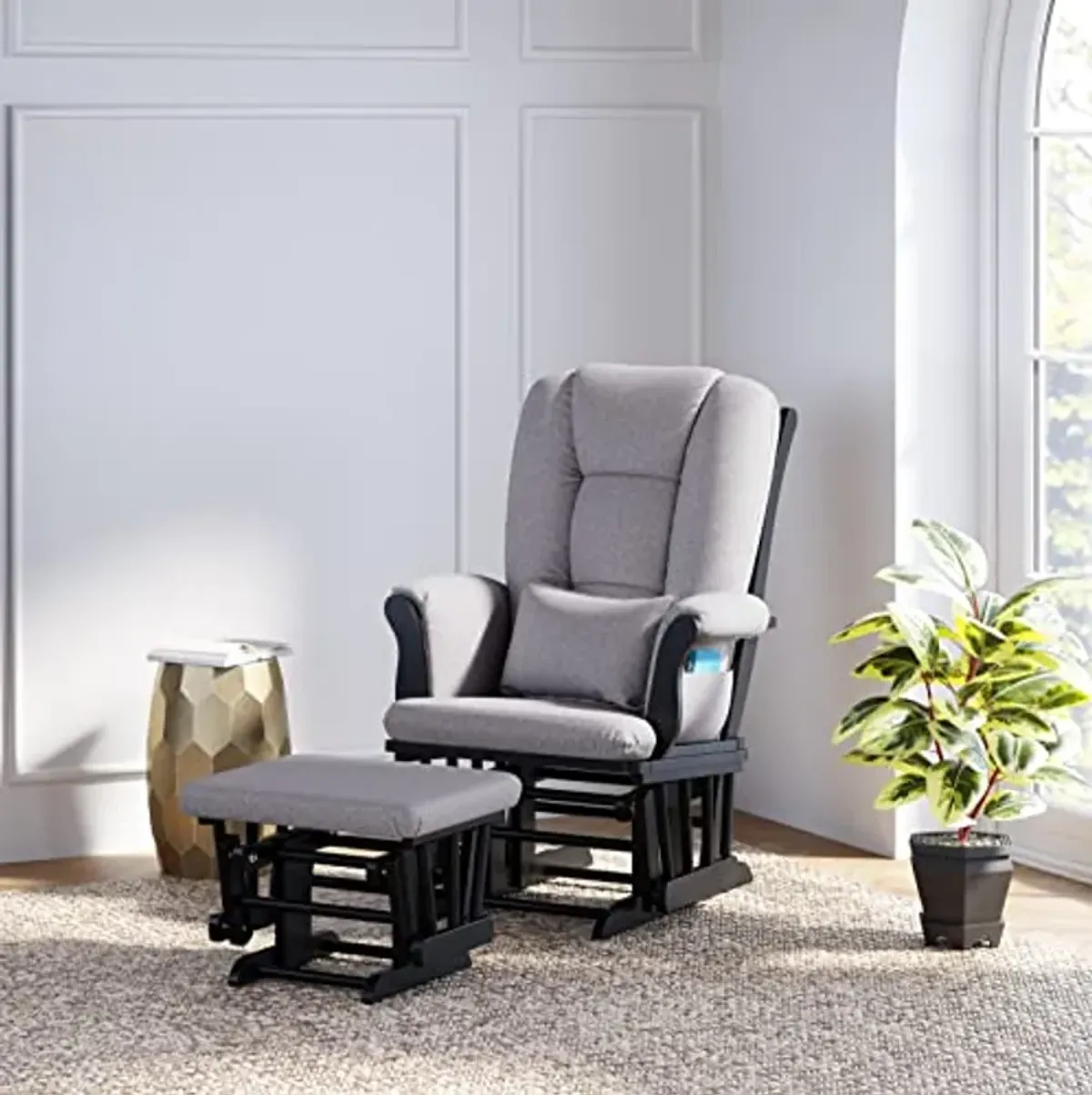 Storkcraft Tuscany Custom Glider and Ottoman with Free Lumbar Pillow (Black/Slate Gray Swirl) - Cleanable Upholstered Comfort Rocking Nursery Chair with Ottoman