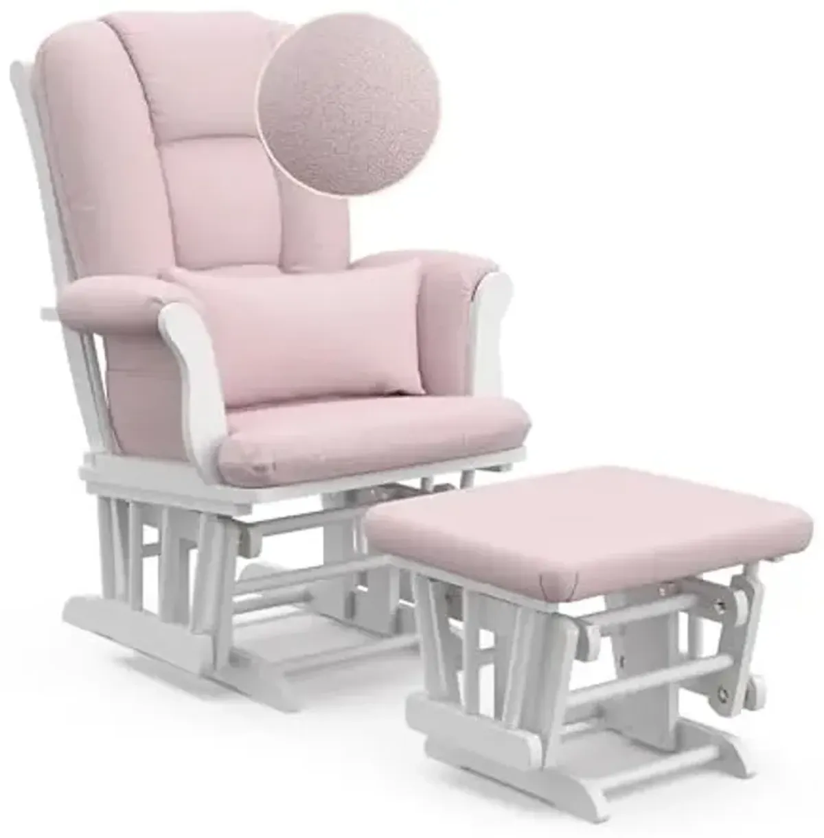 Storkcraft Tuscany Custom Glider and Ottoman with Free Lumbar Pillow (White/Pink Blush Swirl) - Cleanable Upholstered Comfort Rocking Nursery Chair with Ottoman
