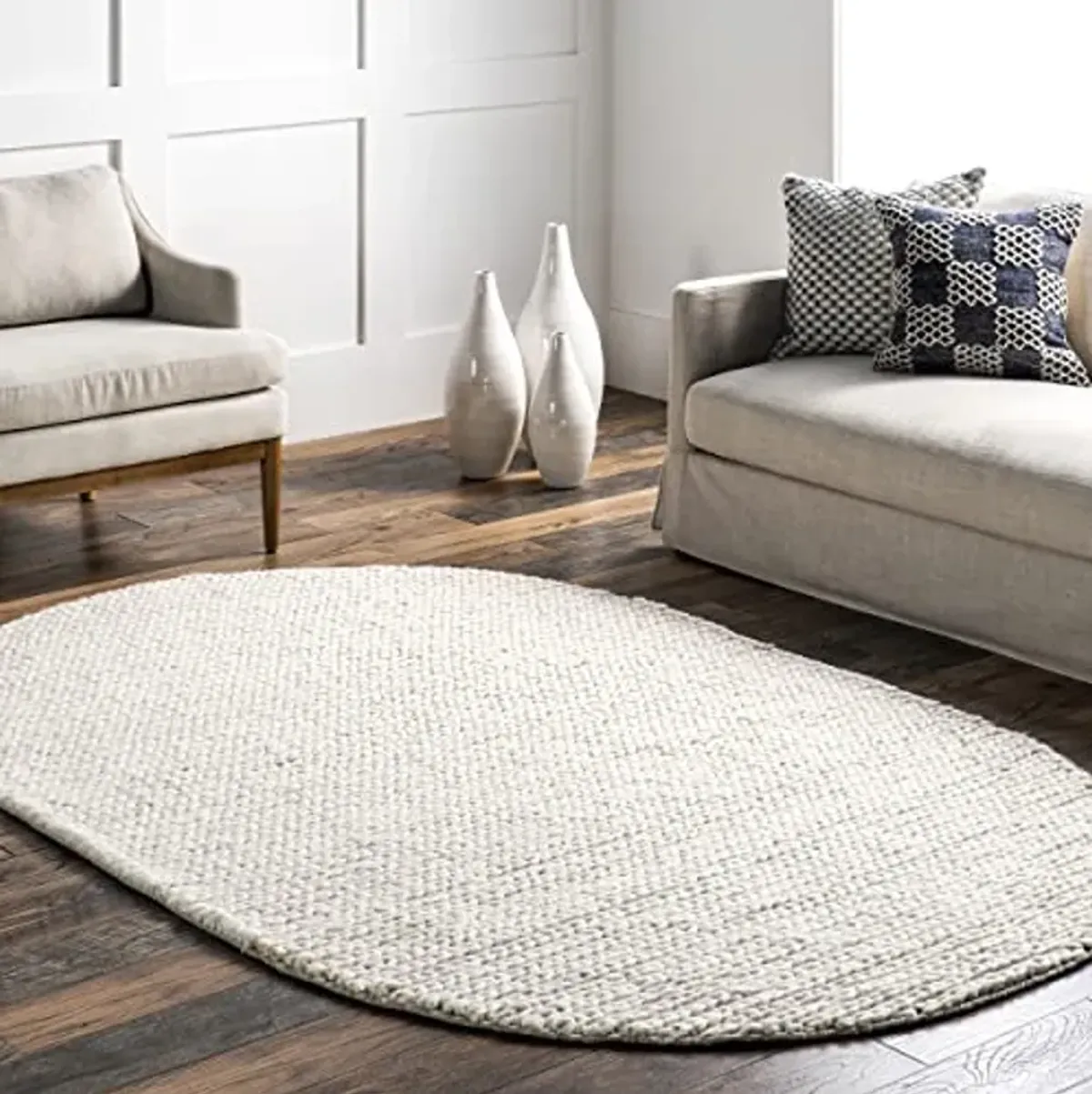 nuLOOM Oval 5x8 Penelope Wool Braided Handmade Area Rug, Off White, Solid Rustic Farmhouse Style, For Bedroom, Living Room, Hallway, Entryway