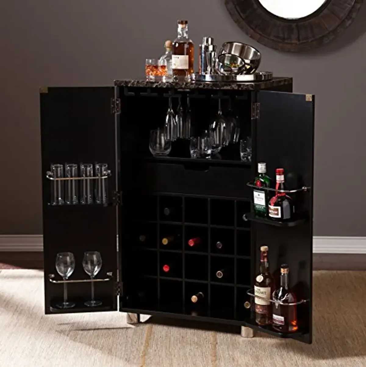 SEI Furniture Cape Town Contemporary Bar Liquor and Wine Cabinet with Storage, Faux Marble Countertop with Black Finish