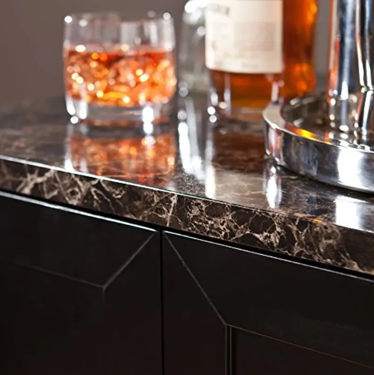 SEI Furniture Cape Town Contemporary Bar Liquor and Wine Cabinet with Storage, Faux Marble Countertop with Black Finish