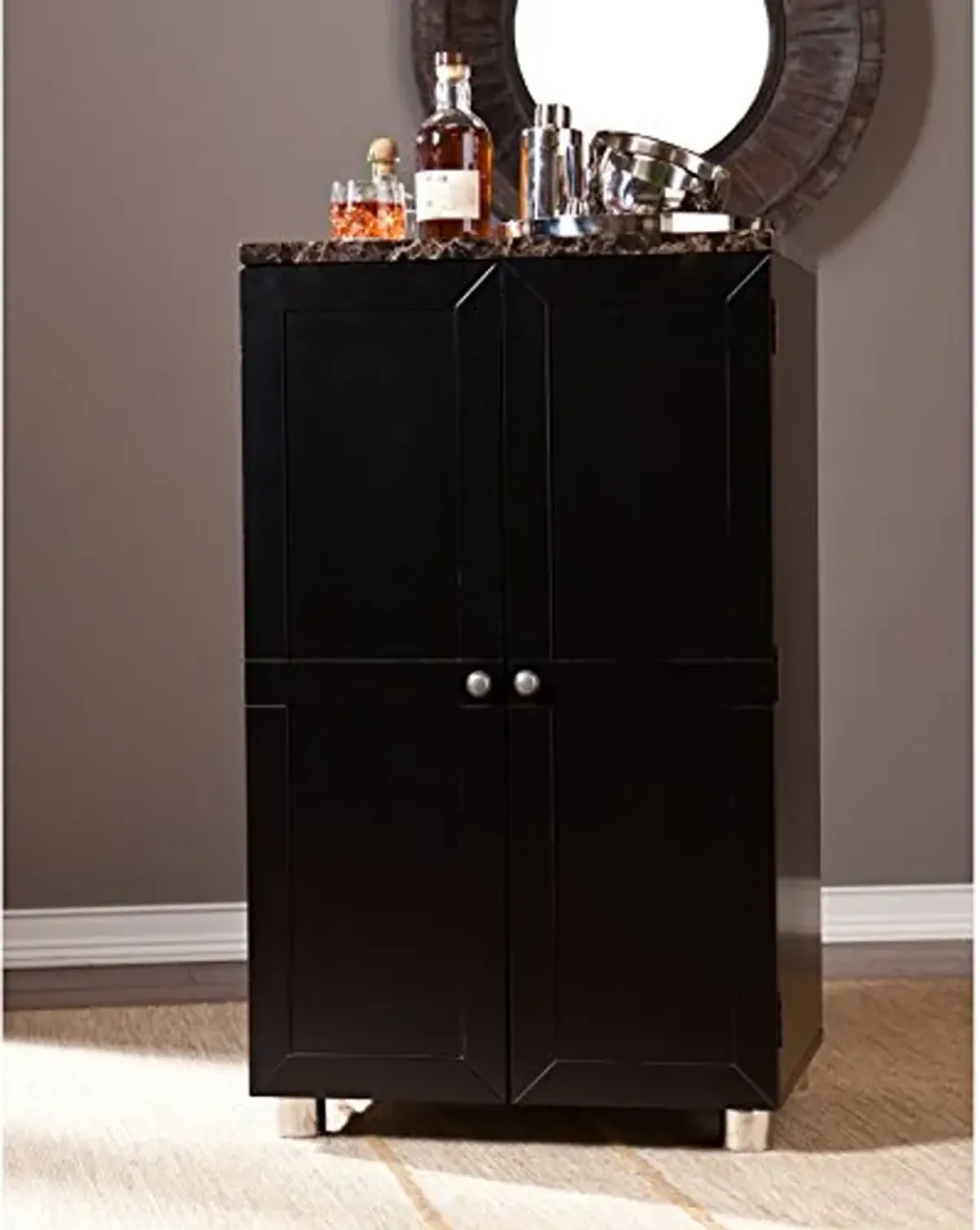 SEI Furniture Cape Town Contemporary Bar Liquor and Wine Cabinet with Storage, Faux Marble Countertop with Black Finish