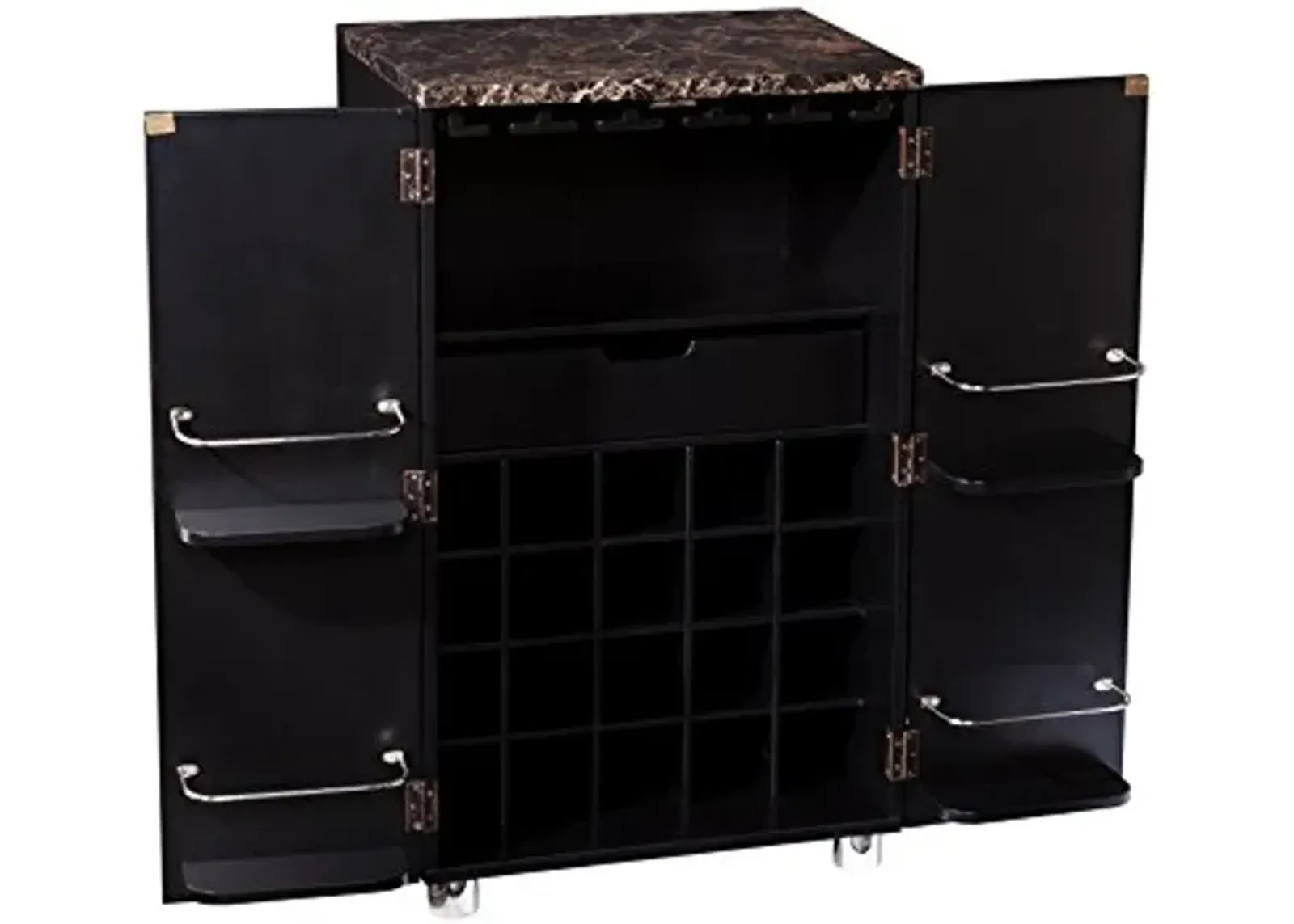 SEI Furniture Cape Town Contemporary Bar Liquor and Wine Cabinet with Storage, Faux Marble Countertop with Black Finish