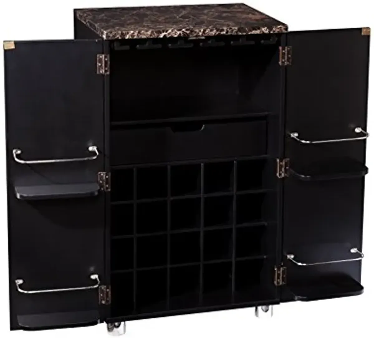 SEI Furniture Cape Town Contemporary Bar Liquor and Wine Cabinet with Storage, Faux Marble Countertop with Black Finish