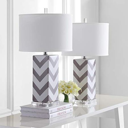 SAFAVIEH Lighting Collection Chevron Modern Contemporary Grey Stripe 27-inch Bedroom Living Room Home Office Desk Nightstand Table Lamp Set of 2 (LED Bulbs Included)