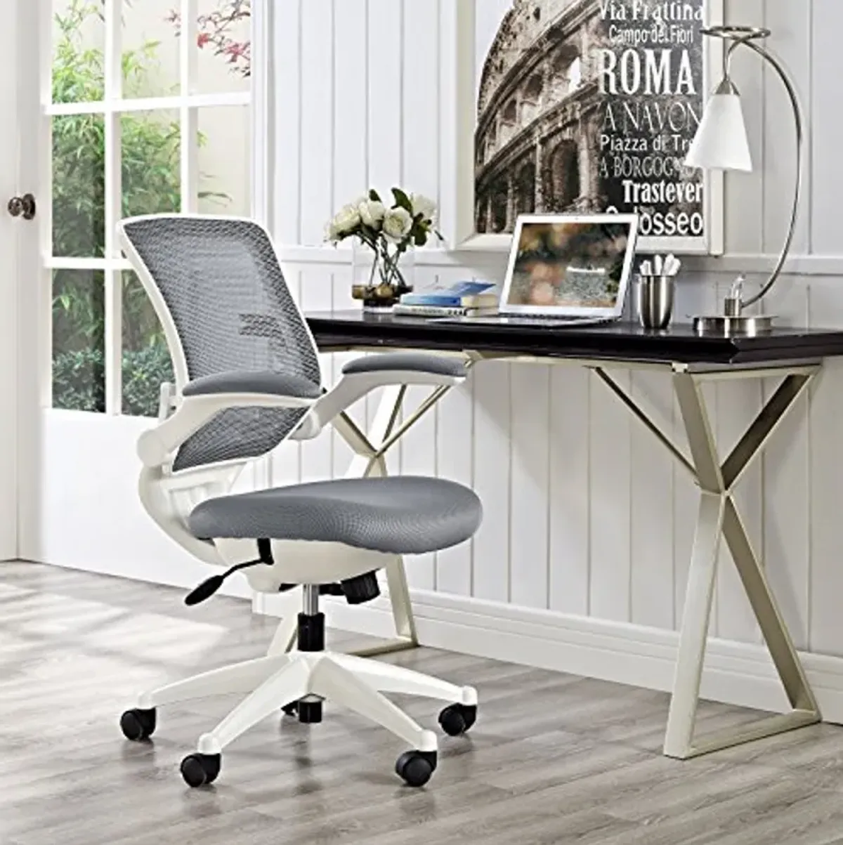 Modway Edge Mesh Office Chair with White Base and Flip-Up Arms in Gray - Perfect For Computer Desks