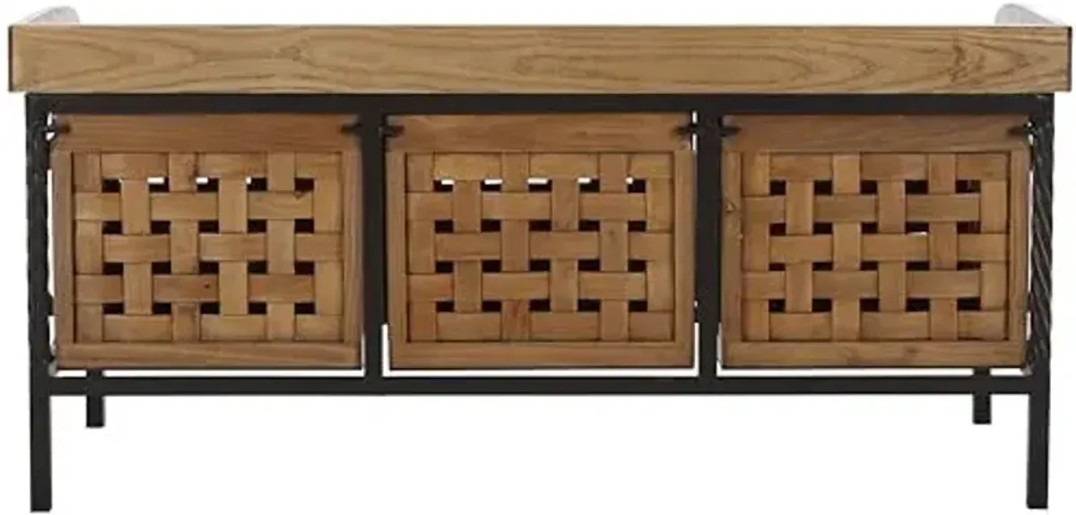 SAFAVIEH Home Collection – Isaac Oak Wooden Storage Bench with Drawers, Entryway & Mudroom Seating, Iron Frame Design, Fully Assembled (AMH6530E)