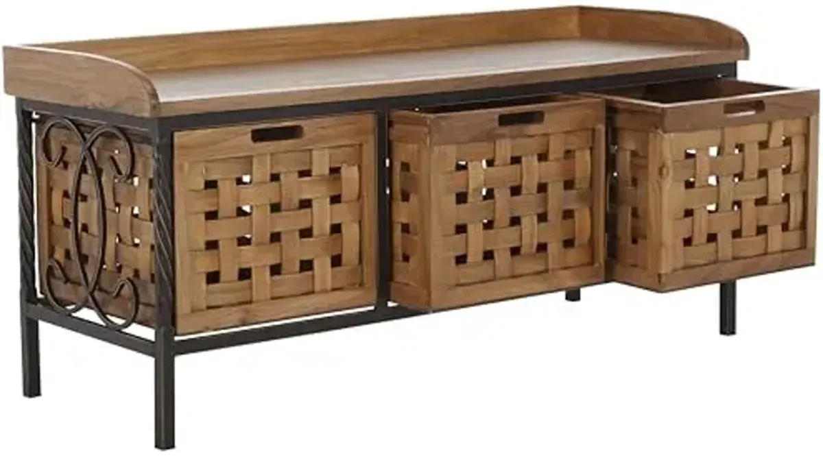 SAFAVIEH Home Collection – Isaac Oak Wooden Storage Bench with Drawers, Entryway & Mudroom Seating, Iron Frame Design, Fully Assembled (AMH6530E)
