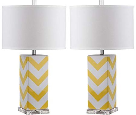 SAFAVIEH Lighting Collection Chevron Modern Contemporary Yellow Stripe 27-inch Bedroom Living Room Home Office Desk Nightstand Table Lamp Set of 2 (LED Bulbs Included)