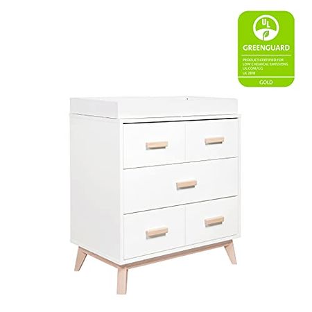 Babyletto Scoot 3-Drawer Changer Dresser with Removable Changing Tray in White and Washed Natural, Greenguard Gold Certified