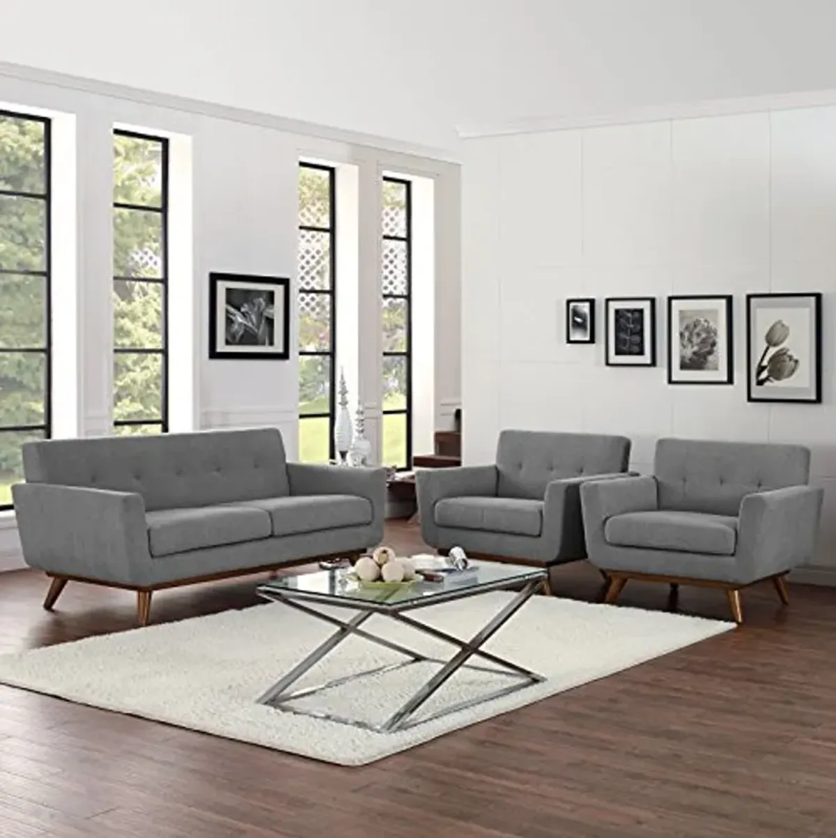 Modway Engage Mid-Century Modern Upholstered Fabric Two Armchair and Loveseat Set in Expectation Gray