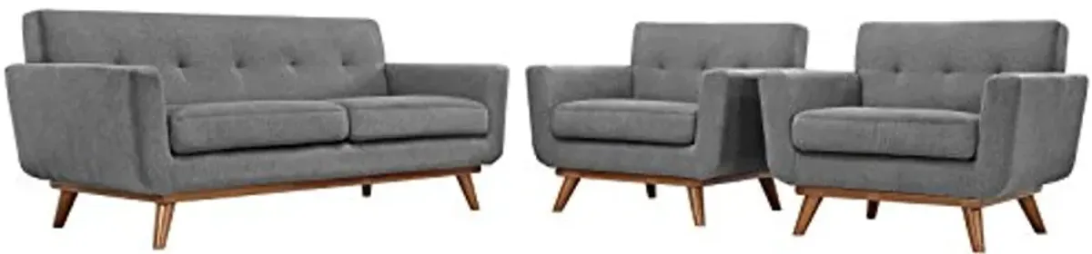 Modway Engage Mid-Century Modern Upholstered Fabric Two Armchair and Loveseat Set in Expectation Gray