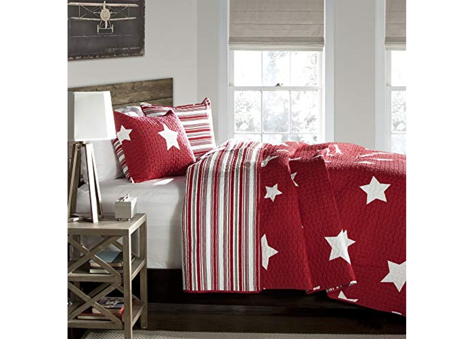 Lush Decor Red Star Quilt-Reversible 2 Piece Pattern Striped Bedding Set with Pillow Shams, Twin