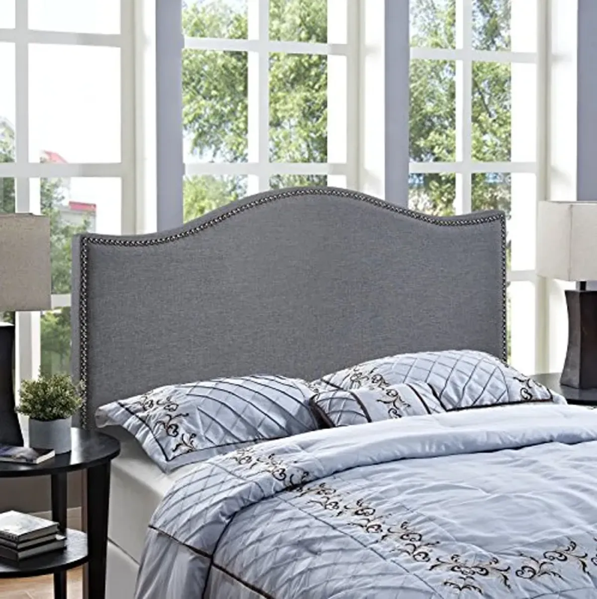 Modway Curl Linen Fabric Upholstered Queen Headboard with Nailhead Trim and Curved Shape in Smoke