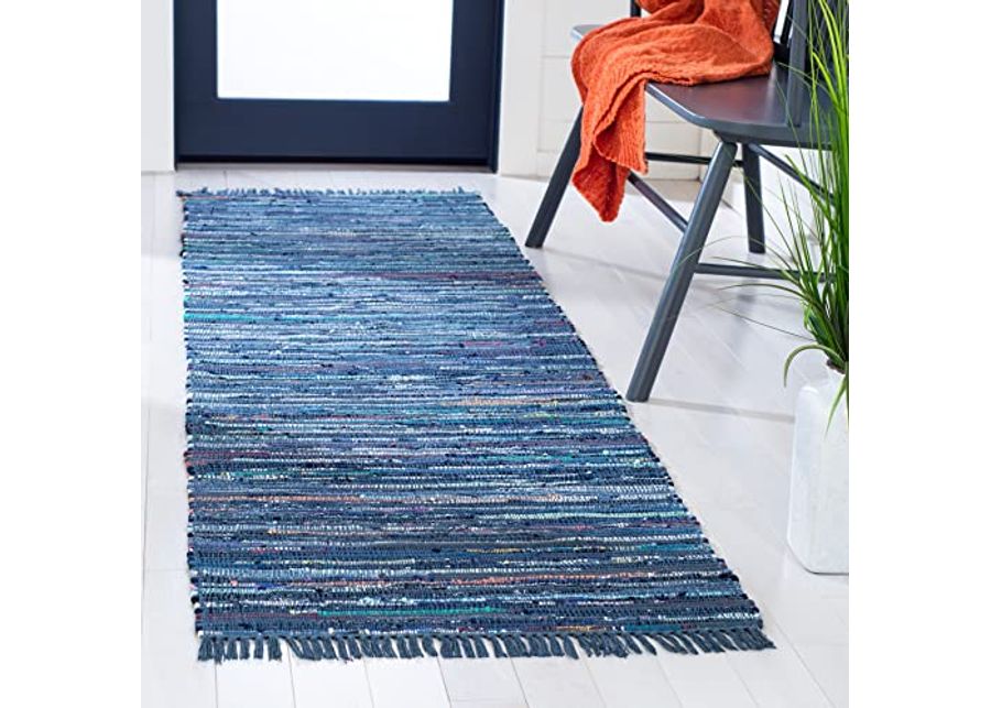 SAFAVIEH Rag Rug Collection 2'3" x 8' Ink / Multi RAR121C Handmade Boho Stripe Cotton Runner Rug