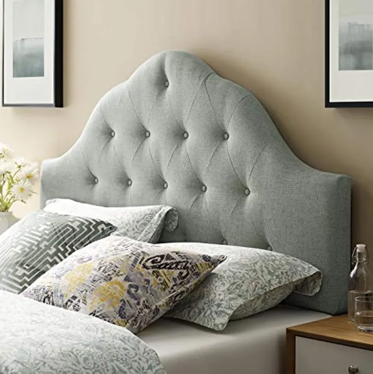 Modway Sovereign Tufted Button Linen Fabric Upholstered King Headboard in Gray