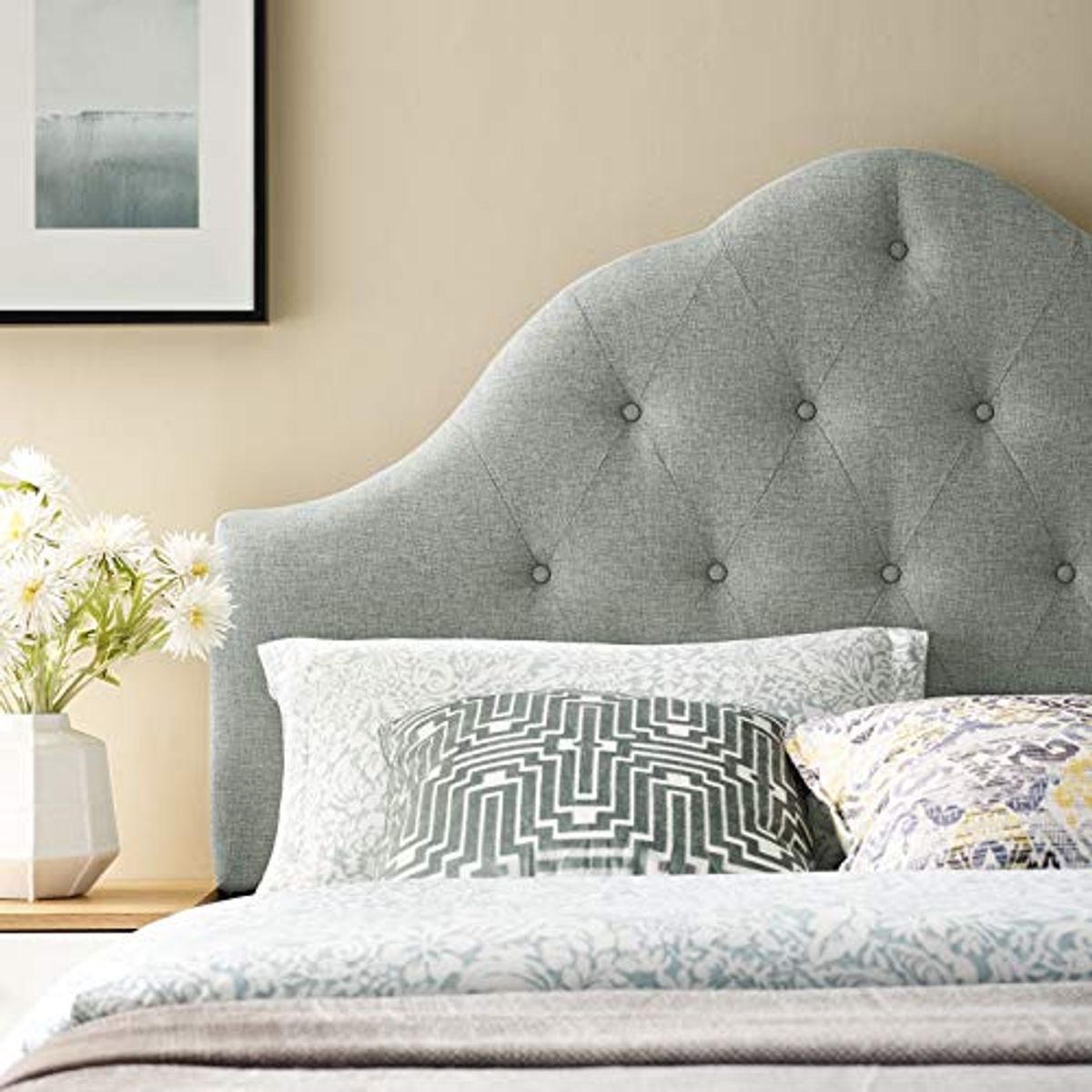 Modway Sovereign Tufted Button Linen Fabric Upholstered King Headboard in Gray