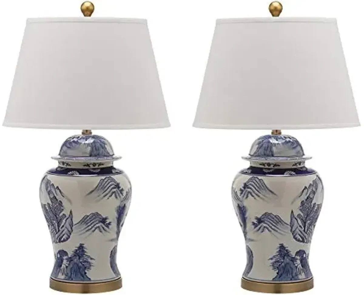 SAFAVIEH Lighting Collection Shanghai Chinoiserie Blue/ White Ginger Jar 29-inch Bedroom Living Room Home Office Desk Nightstand Table Lamp Set of 2 (LED Bulbs Included)