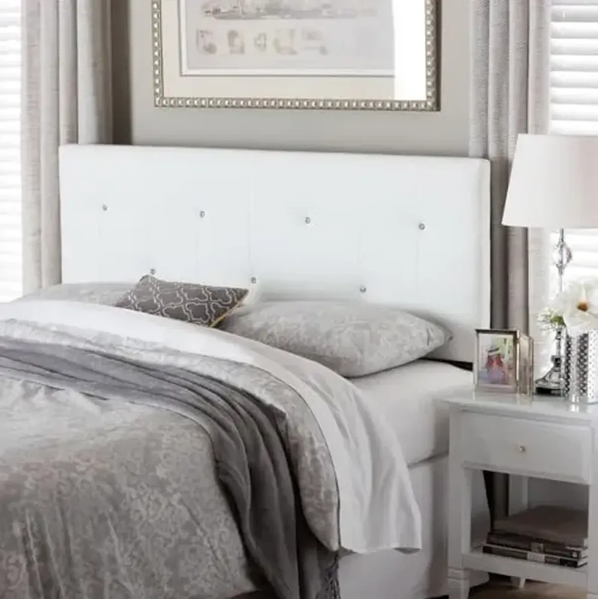 Baxton Studio Dalini Modern and Contemporary Queen White Faux Leather Headboard with Faux Crystal Buttons