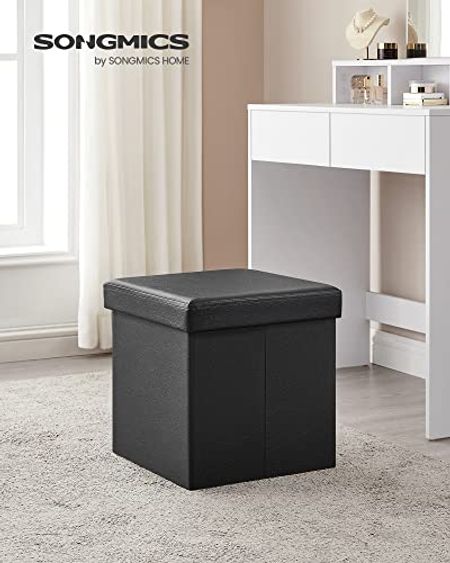 SONGMICS ULSF101 Storage Ottoman Cube/Footrest Stool/Coffee Table/Puppy Step, Holds Up to 660 lb., Faux Leather, 15", Black